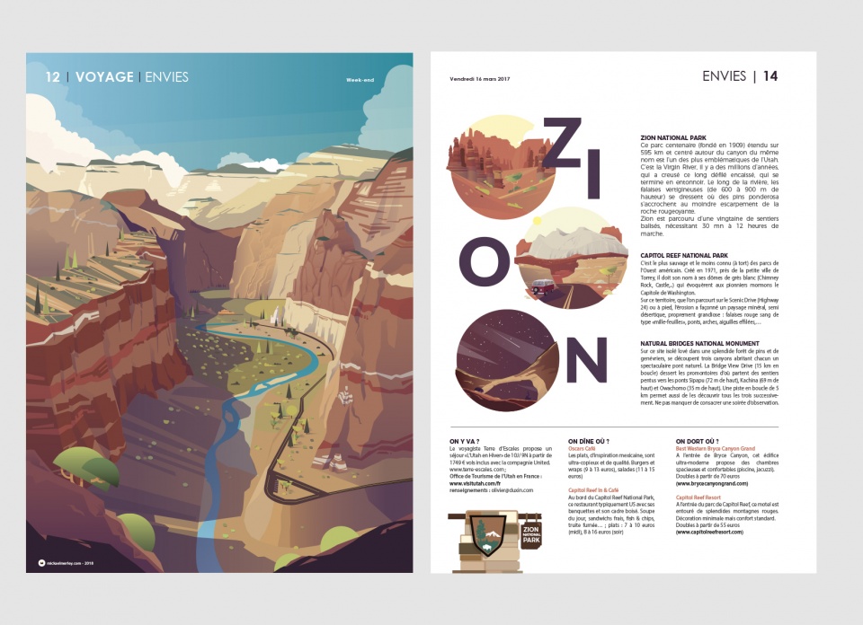 Illustrations éditoriales - Illustration pleine page + 4 petites vignettes pour un article sur les parcs nationaux de l'Utah (Parisien Weekend Magazine)